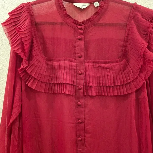 Ted Baker London Anastai Pleated Ruffle Mini Dress Red Sheer Chiffon Size 6 - Picture 2 of 11